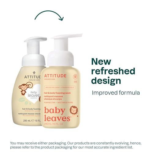 ATTITUDE 2-in-1 Hair and Body Foaming Wash for Baby, EWG Verified, Dermatologically Tested, Made with Naturally Derived Ingredients, Vegan, Pear Nectar, 10 Fl Oz (Pack of 3)