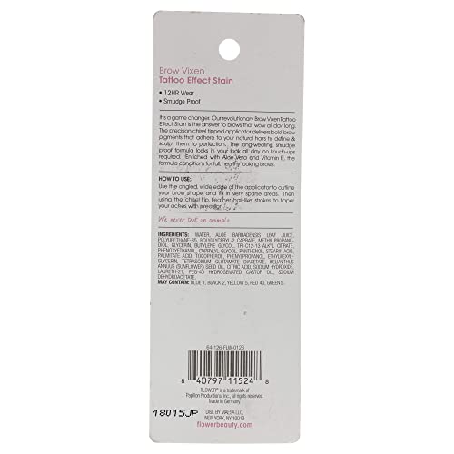 Flower Beauty Brow Vixen Tattoo Effect Stain Smudge Proof 12 Hr Wear Eyebrow Makeup with Chisel Tipped Applicator Contains AloeVera & Vitamin E, Taupe, 0.034 Oz