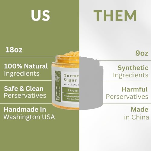 Kojic Acid, Turmeric & Manuka Honey Sugar Scrub, Dark Spots & Brightening - Moisturize and Exfoliate - Body, Hands, Foot, Thighs, Armpits, Bikini Area - Even Skin Complexion - Made in USA - 18 oz Jar
