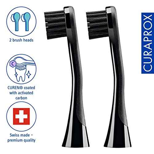 Curaprox Hydrosonic Brush Heads Black is White Carbon Duo ? for Effective Plaque Removal & Whitening | Sonic Toothbrush Replacement Heads, 2-Pack | Swiss Made