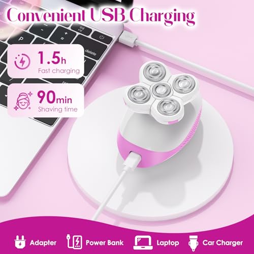 Electric Razors for Women, Anti-Slip Electric Rotary Shaver for Women Legs, Rechargeable Waterproof Body Shaver, Ideal Travel Lady Trimmer Hair Remover for Underarms Armpits &Bikini Area, Pink