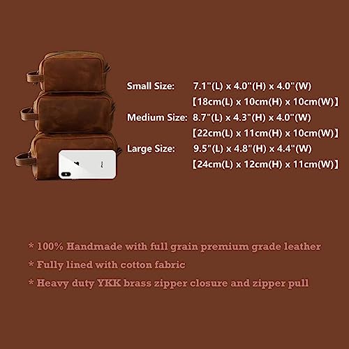 Toiletry Bag for Men or Women, Full Grain Leather Handcrafted Dopp Kit, Vintage Travel Leather Toiletry Travel Pouch, Large Cosmetic Bathroom Travel Shaving Bag, Fully Lined with Cotton Fabric