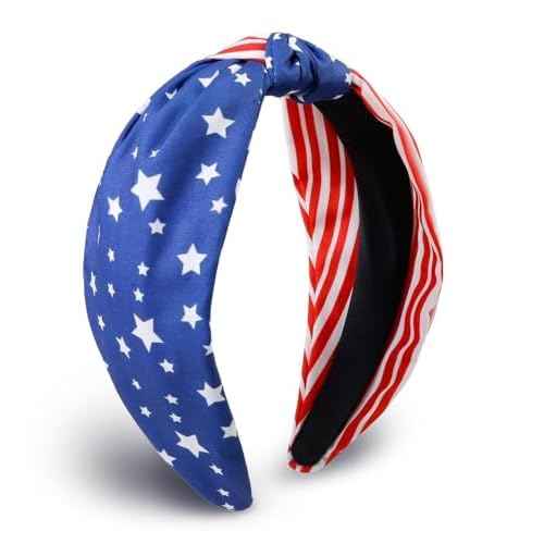 4th of July Women's Headbands - Knotted American Flag Top Knot Hair Hoops, Patriotic USA Independence Day Red White and Blue Accessories