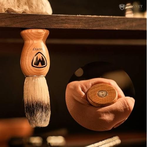 MAGNET Magnetic Shaving Brush for Face and Beard, Wood Handle with a Metal Plate for hanging dry upside down, a Brush Stand Free