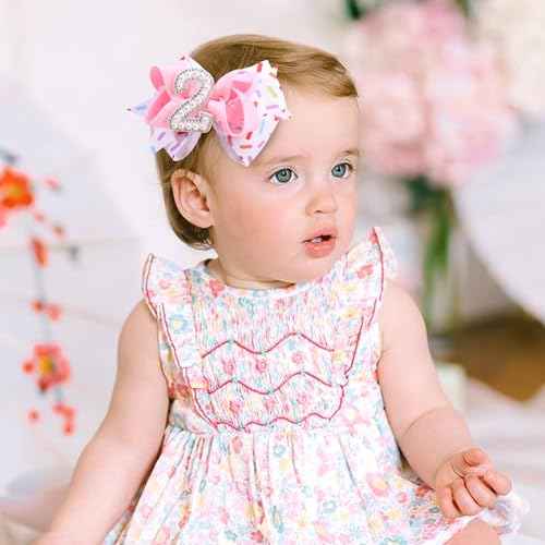 2PCS Hair Bows for Baby Girls Birthday - 2nd Birthday Hair Bow Sweet Theme with Ice Cream Party, Pink Hair Accessories for Baby Toddler 1 2 3 4 5 6 Years, Outfit & Decorations