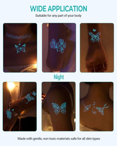 Glow in the Dark Butterfly Temporary Tattoos, 7 Sheets Waterproof