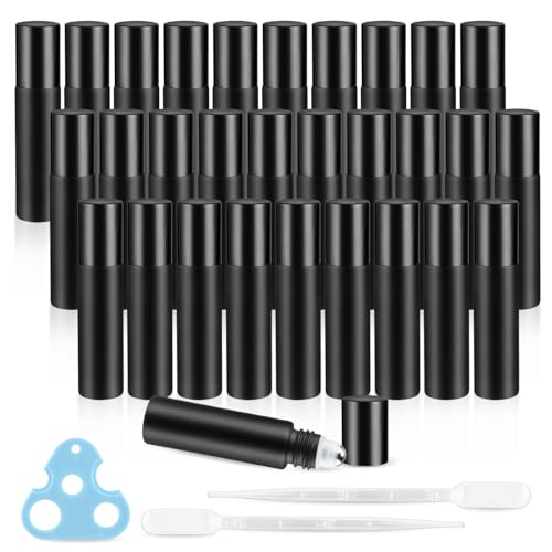 30PCS 10ml Matte Black Frosted Glass Essential Oil Roller Bottles with Stainless Steel Roller Ball,2 Opener,1 Plastic Pipettes,Refillable Container for Perfume Aromatherapy Deodorrant