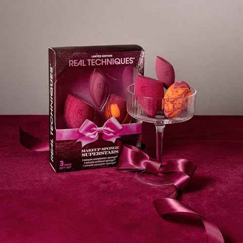Real Techniques Makeup Sponge Superstars Gift Set, 3 Piece Holiday Set with Travel Case, Blending Sponges for Foundation, Concealer & Powder, Christmas Gift, Cruelty-Free & Vegan