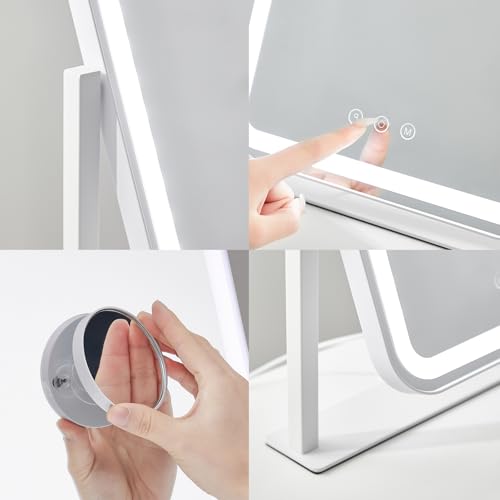 HIEEY Vanity Mirror with Lights, 3 Color Modes, 5X Magnification, Touch Control, 360° Rotation, White, Gift Box