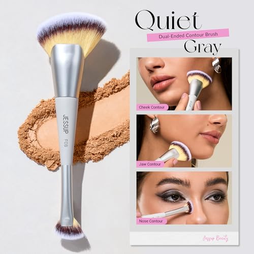 Jessup Face Makeup Brush Set 3pcs Double Sided Makeup Brushes for Foundation Contour Blush Highlight Concealer, Cruelty Free Cosmetic Tools Quiet Gray T521