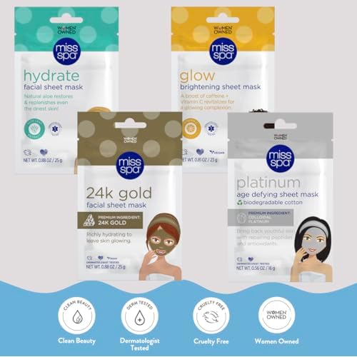 MISS SPA Face Mask Skin Care, Facial Sheet Mask for Women, Hydrating Moisturizing Skin Care Products, Anti-aging Face Mask, Dermatologsit Tested, 4 Pack (Hydrate, 24K Gold, Glow, Platinum Sheet Mask)