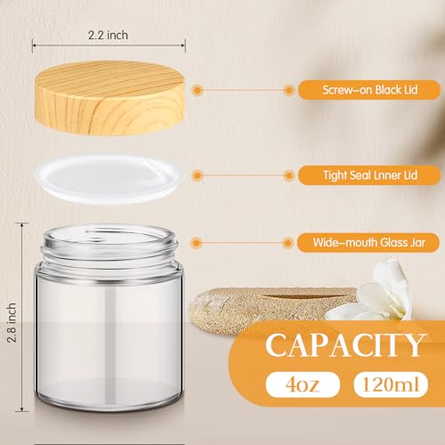 Norme 12 Pcs 4oz Glass Jars with Lids Empty Small Glass Containers and Inner Liners Reusable Cosmetic Jars Round Airtight Bottles with Plastic Wood Grain Lids for Travel