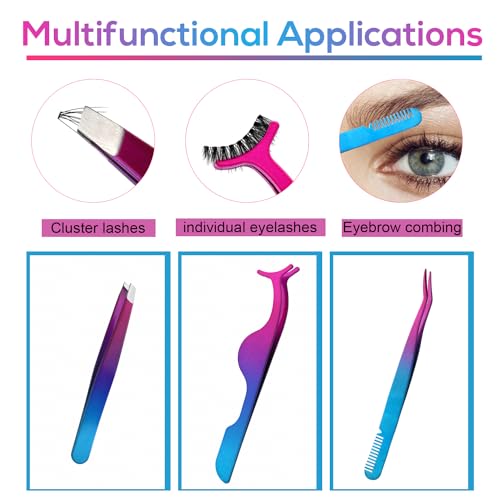 3pcs Eyelash Tweezers, 3 Styles Lash Tweezers with Comb Stainless Steel False Lash Application Tool Eyebrow Tweezers Makeup Tool for Cluster Individual Lash (Purple Blue Gradient)