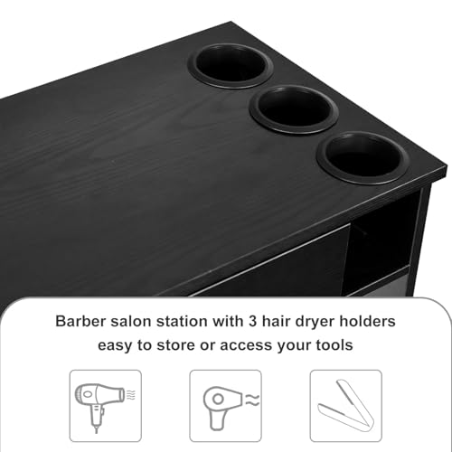 Black Salon Station w/ 3 Drawers, Cabinet & 3 Dryer Holders