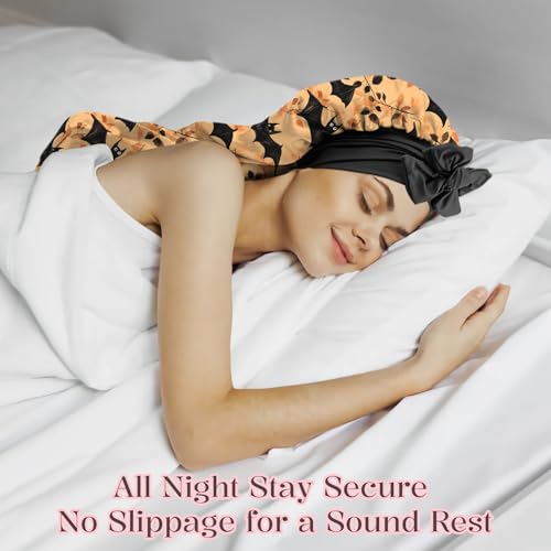 Long Satin Sleep Bonnet for Women & Girls - Soft Silk-Lined Nightcap with Tie - Orange Bat Ao13