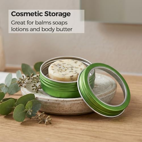 24 Pack 2 oz Green Aluminum Tins with Clear Lids & Labels