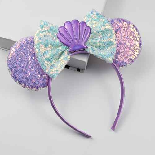 JIAHANG Mermaid Mouse Ears Headband with Sequin Bow, Seashell Hair Band Party Decoration Headwear for Women Girls