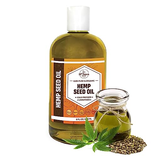 Organic Hemp Seed Oil (8 oz) Premium Cold Pressed Unrefined | 100% Pure Hemp Seed Oil for Skin, Face, Hair, Soap Making, Massage | Carrier for Essential Oils | Available in Bulk | 8 FL OZ