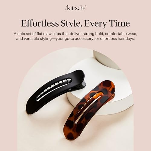 Kitsch Flat Hair Clips for Women - Black & Tortoise 2-Pack Flat Claw Clips