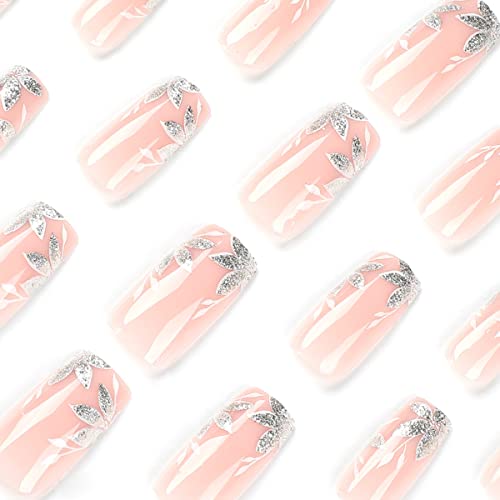 Short Almond Press on Nails Square Fake Nails Flowers Design Glossy Glue on Nails Full Cover False Nails Short White French Nail Tips Artificial Acrylic Nails Summer for Women DIY Nail Art Decorations