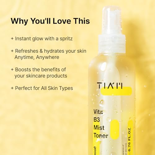 TIAM Vita B3 Mist Toner, 6.76 fl oz, Glow Boosting Facial Spray with Niacinamide, Tranexamic Acid, and Vitamin C for All Skin Types, Hydrating & Refreshing, Korean Skin Care