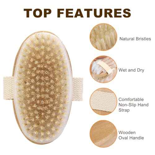 2Pcs Natural Bristle Exfoliating Brush, Body Scrubber for Lymphatic Drainage, Blood Circulation, Wet and Dry Brush, Deep Exfoliation for Smooth Skin