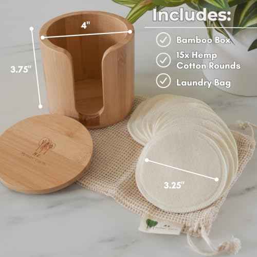 Reusable Hemp Cotton Rounds 15-Pack with Bamboo Storage Box ? Ultra-Soft Organic Face Pads for Makeup Removal, Skincare Accessories, and Eco-Friendly Beauty Essentials