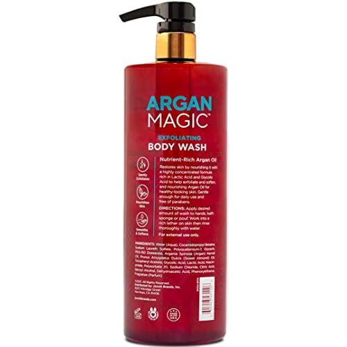 Argan Magic Exfoliating Body Wash - Exfoliates Cleanses Nourishes & Hydrates to Soften Skin - With Lactic Acid, Glycolic Acid, & Argan Oil | Gentle & Paraben Free (32 oz)