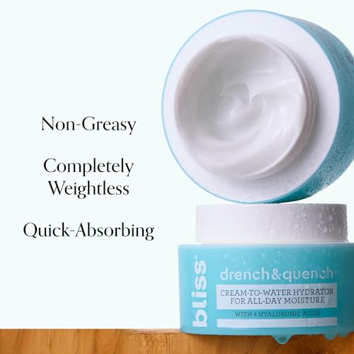 Bliss Drench & Quench Hyaluronic Acid Cream to Water Moisturizer | Lightweight Face Cream with 4 Types of Hyaluronic Acid for All Day Hydration and Plump Skin | Clean Vegan & Cruelty Free 1.7 fl oz