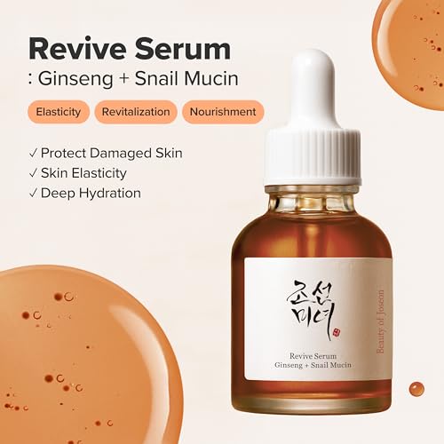 Beauty of Joseon Revive Snail Mucin Ginseng Serum Hydrating Peptide Facial Moisturizer Dark Spot Acne Scar Remover for Sensitive Face. Korean Skin Care for Men and Women, 30ml, 1fl. Oz