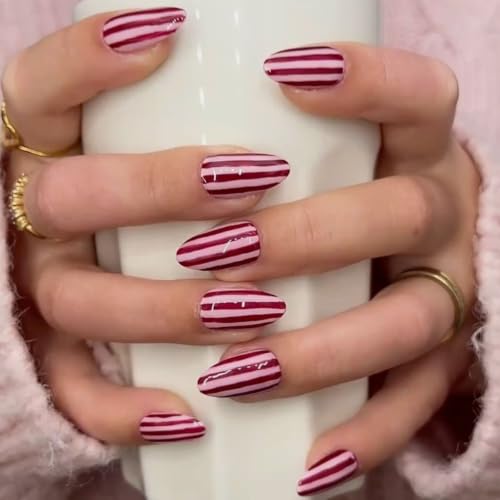 Short Almond Striped Press On Nails - 24pcs Red Fake Nails