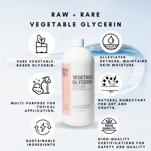 Raw Plus Rare Vegetable Glycerin/Glycerine Quart (32 fl. oz.), Natural Pure USP Food Grade/Cosmetic Grade, For Skin, Hair, Crafts, Soap Base Oil - Kosher, Halal and Pharmaceutical