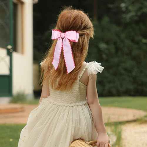 5 Inch Hair Bow Clips Edged Grosgrain Ribbon Hairpins Handmade Hair Accessories with Alligator Clips for Girls Women, Pink with Rose Red