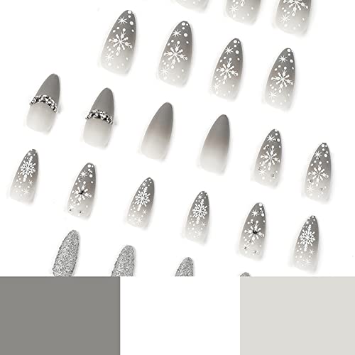 Christmas Special Design Press on Nails Medium Snowflake Glitter Flake Nails with Nail Rhinestones Almond Matte Gradient Coffin False Nails Full Cover Nail Tips for Women and Girls 24Pcs