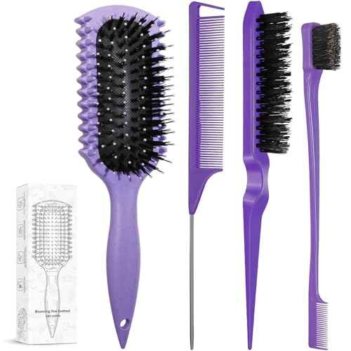 Curl Defining Brush, Curly Hair Brush Products With 3 Pcs Slick Back Hair Brush Set Bristle Brush Edge Control Teasing Comb for women (Purple)