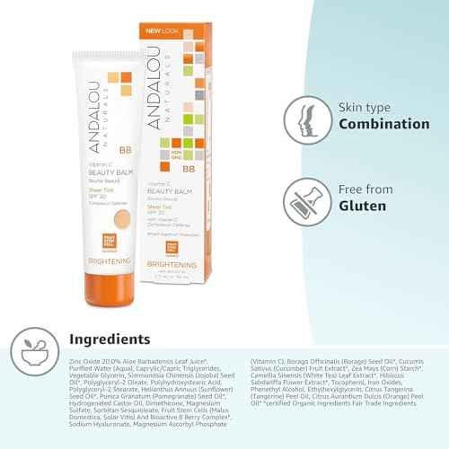 Andalou Naturals Vitamin C BB Beauty Balm Sheer Tint SPF 30 - 2-in-1 BB Cream & Mineral Sunscreen for Face - With Non-Nano Zinc Oxide Skin Protection - 2 fl oz