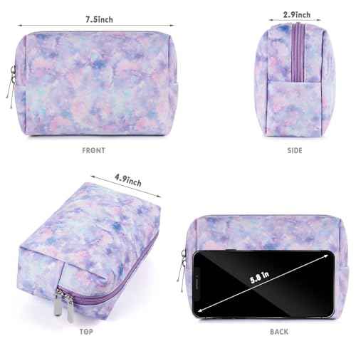 Makeup Bag For Girls, Travel Cosmetic Bag For Teens Girls Kids Cute Small Makeup Bag for Purse Waterproof Zipper Pouch, Tie Dye Purple