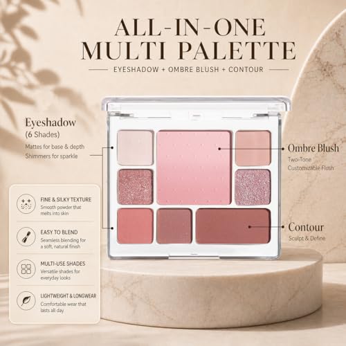 MOOMARTO All-in-One Makeup Palette with Eyeshadow, Blush & Contour - Soft Rosy