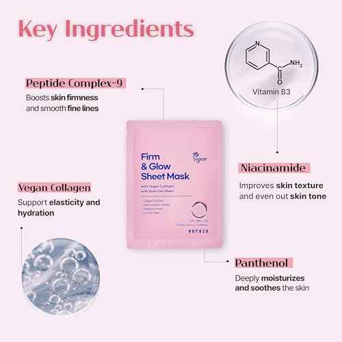 Firm & Glow Sheet Mask with Vegan Collagen Semi-Gel Sheet Biodegradable 100% Cellulose for Anti-Aging Hydration Elasticity Peptide Complex-9 Niacinamide 5 Count
