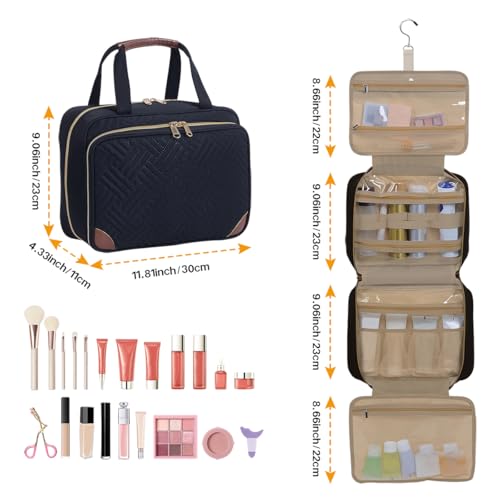 Toiletry Bag for Women, Hanging Travel Toiletry Bag with Jewelry Organizer Compartment Large Makeup Bag, Cosmetic for Travel Business Trips Camping Bathroom Black