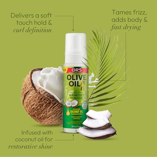 ORS Olive Oil Hold & Shine Wrap Set Mousse Infused with Coconut Oil - Fortifying Creme Hairdress infused with Castor Oil- Coconut Oil Hair and Scalp Hairdress - Bundle