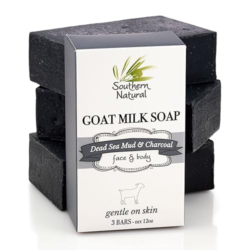 Southern Natural Activated Charcoal Soap Bar (3 Pack) Charcoal Face Soap and Body Soap For Sensitive Skin. Made With Dead Sea Mud, Goat Milk & Peppermint Essential Oil.