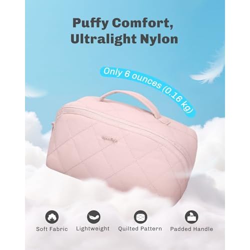 Hynes Eagle Travel Makeup Bag for Women Puffy Cosmetic Organizer Pouch Open Flat Toiletry Bag for Toiletries, Brushes Pink