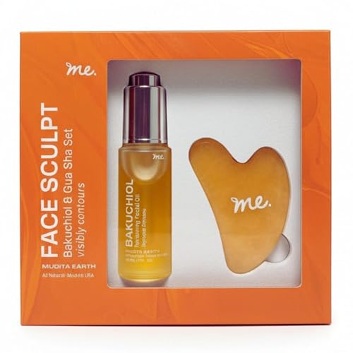 Mudita Earth Face Sculpt Set with Bakuchiol Facial Oil & Gua Sha Tool | Retinol Alternative for Firming, Lymphatic Drainage & Glow | Chia Seed & Prickly Pear | (Bakuchiol Kit)