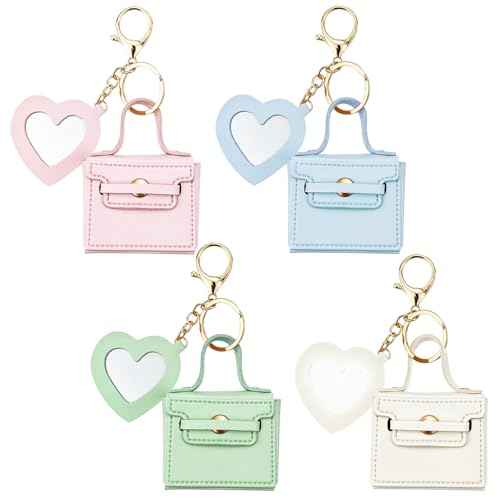 4PCS Super Smalls Makeup Bag with Mirror Mini Makeup Bag for Women, Coin Wallet, Bag Charms Y2k Accessories Cute Leather Keychain (Style 2)