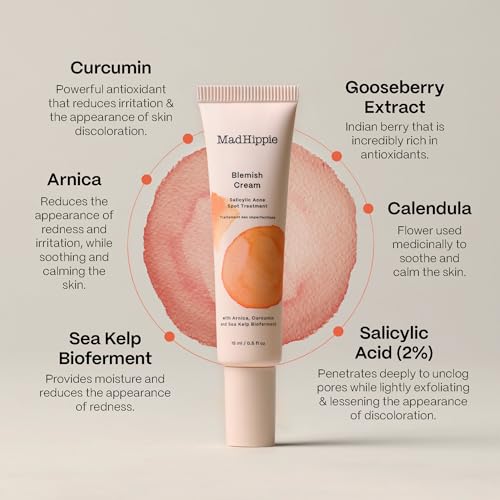 Mad Hippie Blemish Cream ? Acne Spot Treatment with 2% Salicylic Acid and Redness Reducing Arnica, Curcumin, and Calendula, 0.5 Oz