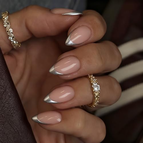 SXVME Almond Sliver Chrome French Tip Press On Nails with Glue Kit, 24 Nails in 12 Sizes