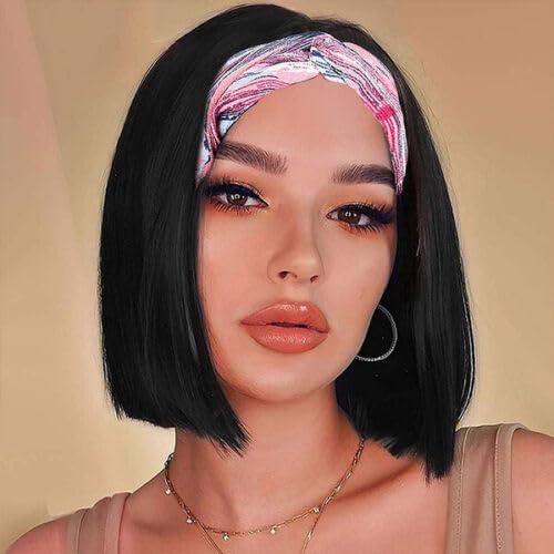 Headband Wig Human Hair Wigs for Black Women Straight Bob Human Hair Headband Wigs None Lace Wig Glueless Short Bob Wigs 100% Brazilian Virgin Hair Wear and Go Wigs Natural Color 10 Inch