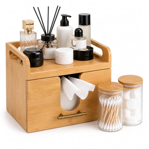Vespara Bamboo Disposable Face Towel Holder with Drawer & Glass Jars - Vanity Skincare Organizer