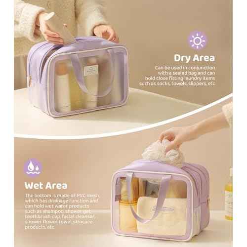 Large Travel Toiletry Bag with Dry Wet Separation? Waterproof Wash Bag for Women, Clear & Matte shower bag for Gym, Overnight, Swimming, and Business Trips